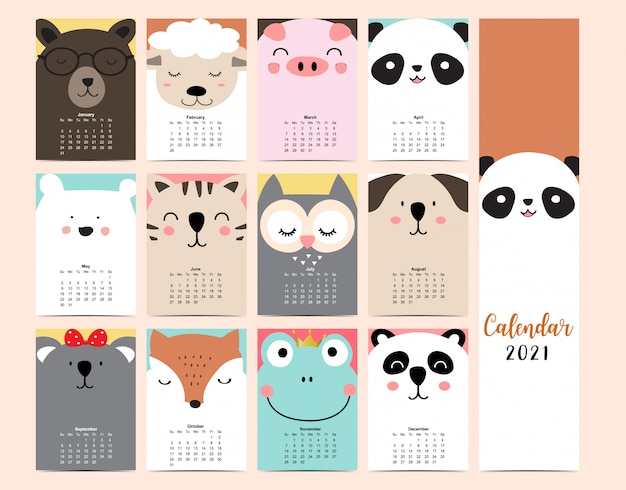 Вектор Календарь с милыми мордочками животных на 2021 год с пандой, собакой, кошкой, лягушкой, лисой, обезьяной, коалой для детей, малыша, малыша