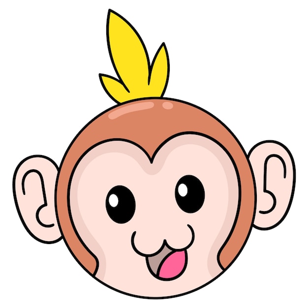 귀여운 얼굴 원숭이 머리는 행복하게 세단, 벡터 일러스트레이션 판지 이모티콘을 웃고 있습니다. 낙서 아이콘 그리기