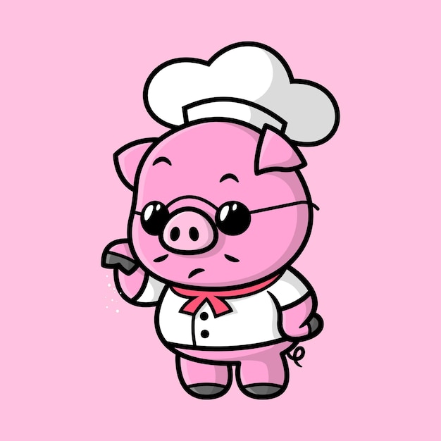 귀여운 얼굴 돼지는 검은색 안경과 요리사 옷을 입고 소금을 붓는 만화 마스코트 디자인입니다.