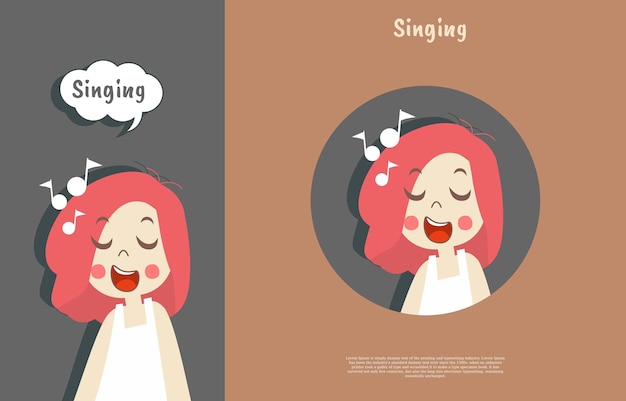 Симпатичные выражения лиц, поющие с именами, телефонными обоями и наклейкой, плоская иллюстрация дизайна