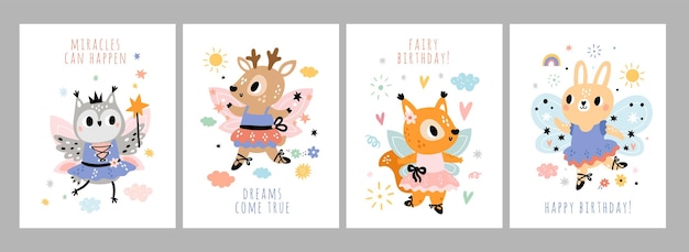 Cute fairy cards Little animals girls with delicate wings and magic wands Forest princesses Ballerina owl and bunny Cartoon dancing fawn and squirrel Vector birthday postcards set