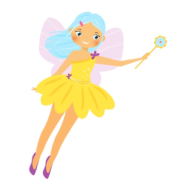 Premium Vector | Cute fairy cartoon fantasy fairy princess flapping magic  wand pixie elf girl with blue hair