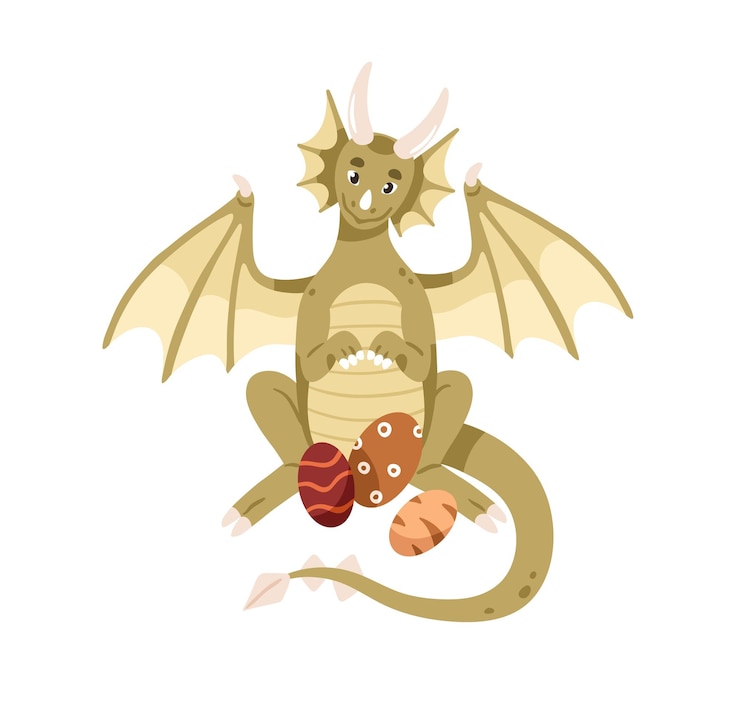 Vector cute fairy dragon sitting with eggs. happy fairytale mother character. fantasy animal. childish magic fiction dino with wings, horns. childrens flat vector illustration isolated on white background.