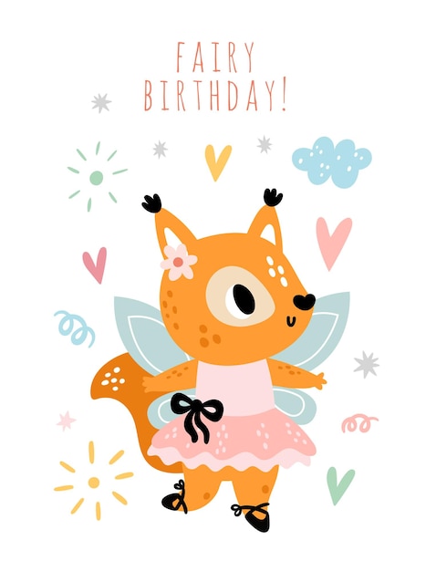 Vector cute fairy greeting card funny animal delicate wings and magic wand happy dancing girl cheerful fox ballerina in dress forest princess holiday celebration vector birthday postcard