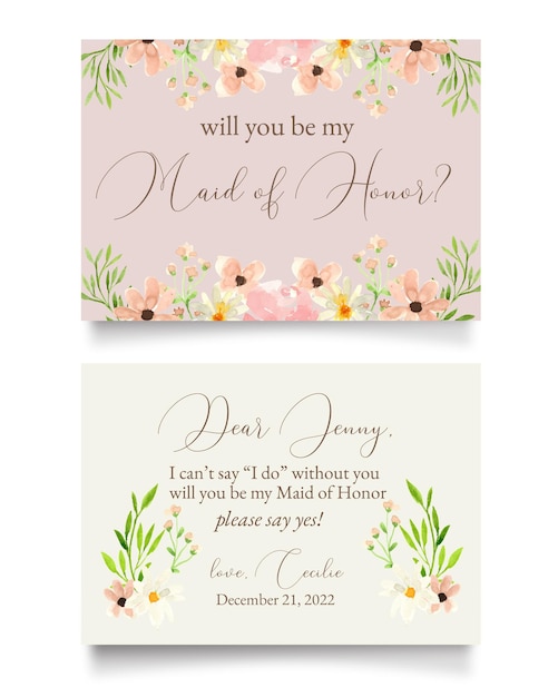 Vector cute fairy pastel pink and white flower watercolor bridesmaid maid of honor invitation