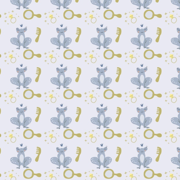 Cute fairy small frog princess and accessories seamless pattern on grey background