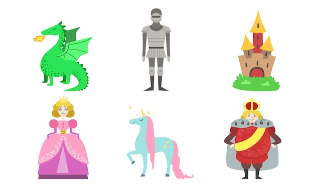 Cute Fairy Tales Characters Set Princess Prince Unicorn Dragon Knight Castle Vector Illustration on White Background