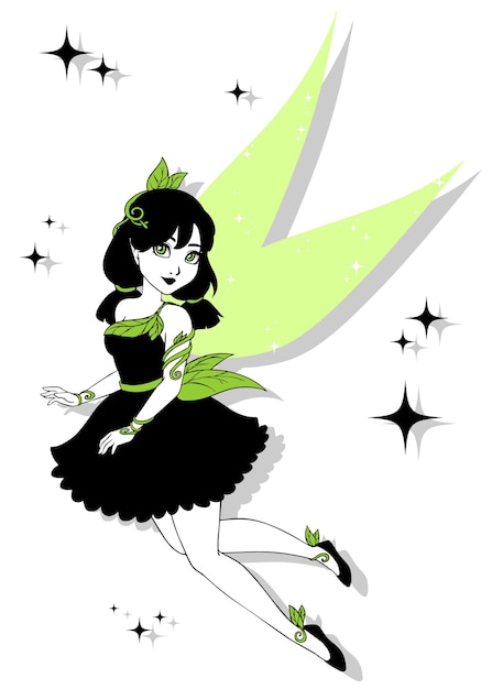 Vector cute fairy vector design contour hand drawn girl with black hair and green wings isolated on white background template for design cards notebook shop poster