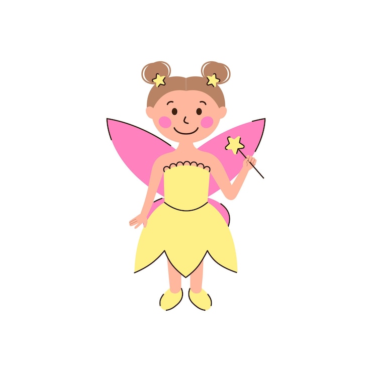 Vector cute fairy with a magic wand isolated on white background. children, girl vector illustration