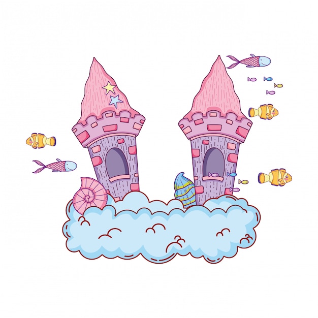 Cute fairytale castle in the cloud undersea scene