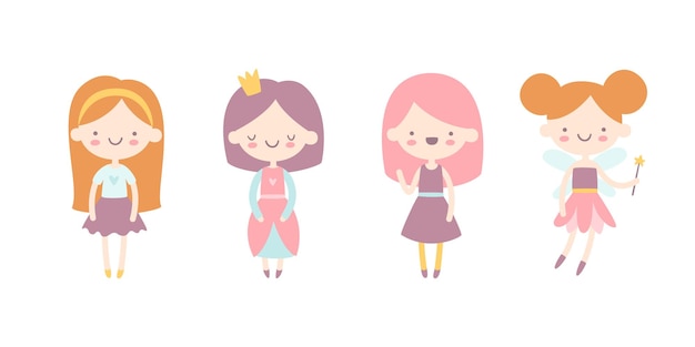 Cute fairytale girls collection Pretty little stylized girls set Girly characters