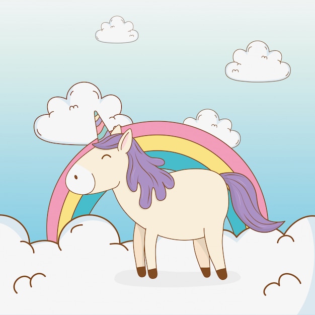 Carino unicorno da favola in nuvole con arcobaleno