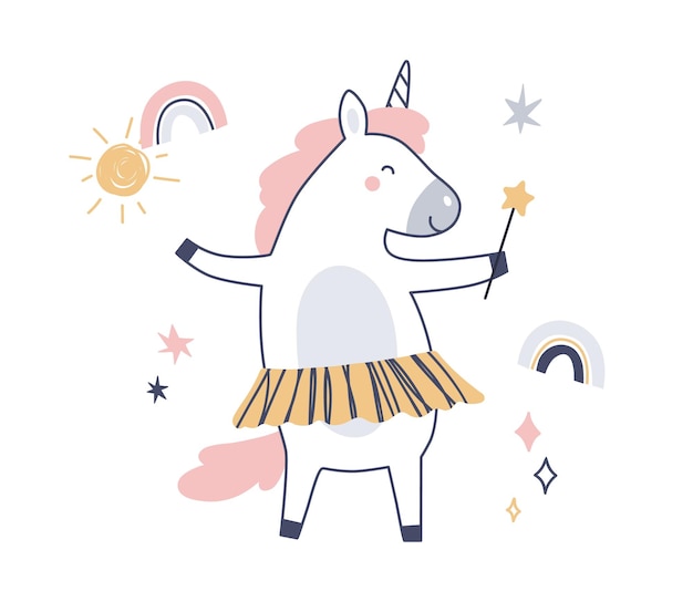 Cute fairytale unicorn, fairy baby animal with magic wand. Dream horse with horn in Scandinavian style. Happy little pony with pink mane. Childish flat vector illustration isolated on white background