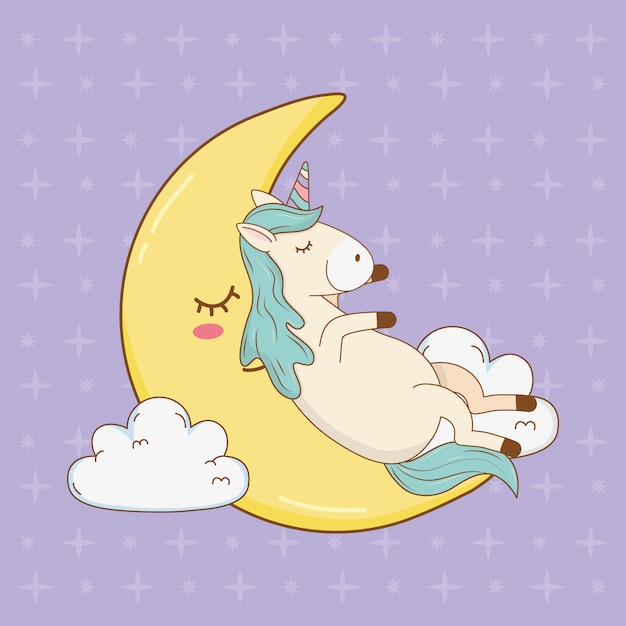 Cute fairytale unicorn relaxing in the moon