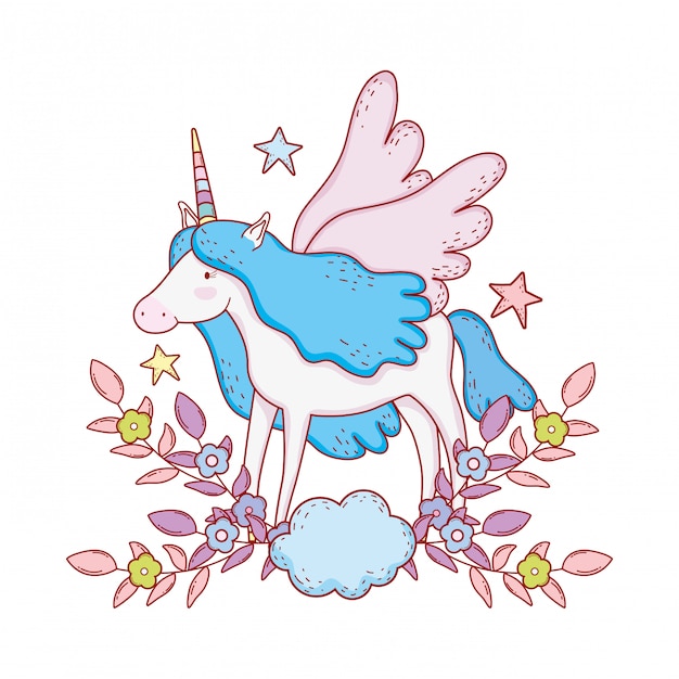 Vector cute fairytale unicorn with floral decoration