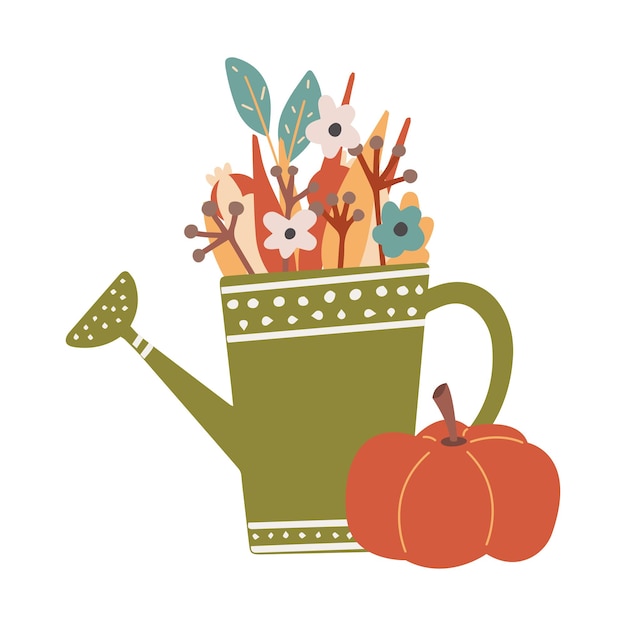 Carino clipart autunno colorato annaffiatoio e zucca