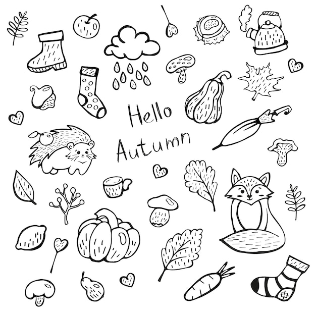 Simpatico set di scarabocchi autunnali con ghiande hello autumn