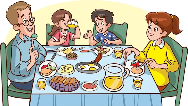 Милая семья ест за обеденным столом они завтракают мультфильм вектор