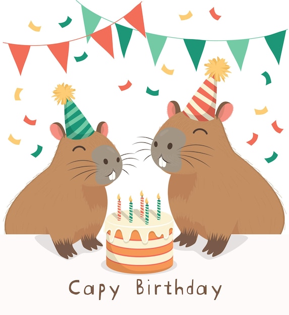 Vettore famiglia carina, capybara grandi e piccoli con i cappelli festivi che soffiano le candele su una torta di compleanno.