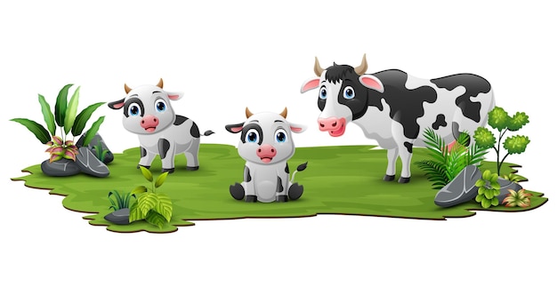 Vector cute family cow cartoon in the grass