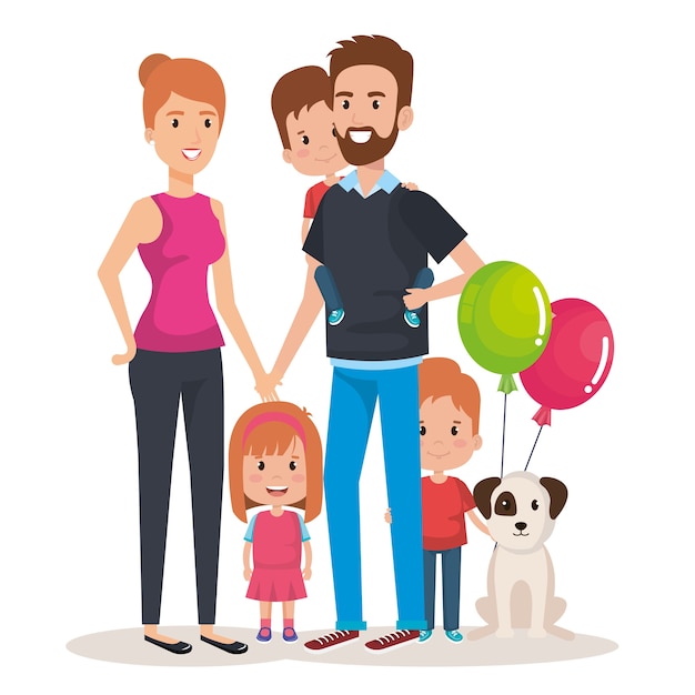 cute family happy and pet characters