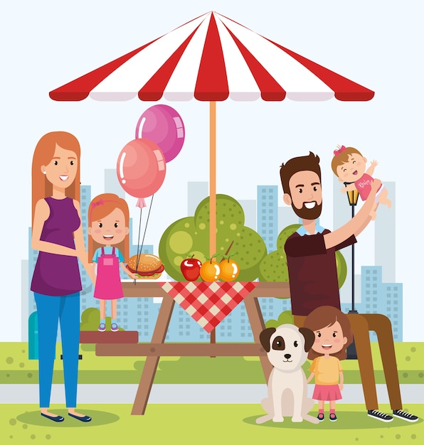 симпатичная семья счастлива в персонажах дня пикника