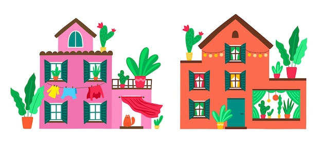 Cute family houses. Summer cottage with beautiful nature and flowering plants. Country estate. Cartoon colorful  in flat style