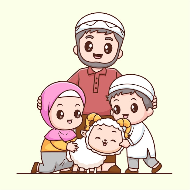 Cute Family Moslem Playing With Sheep Cartoon Vector Icon Illustration People Animal Isolated Flat