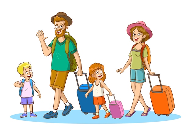 Vettore famiglia carina che fa le valigie e va in vacanza
