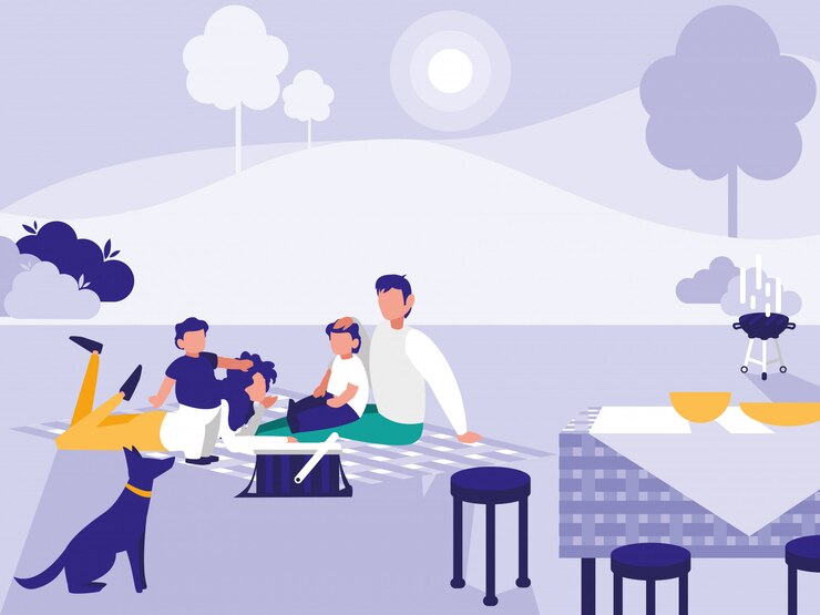 Vector cute family in park with picnic