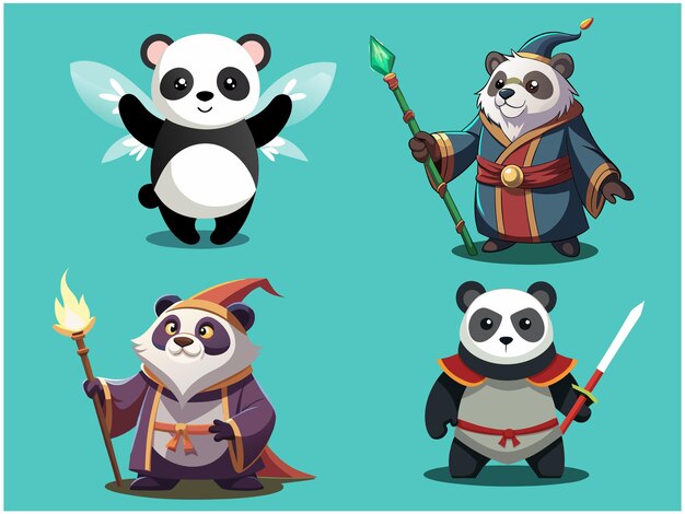 cute fantasy panda characters vector design set