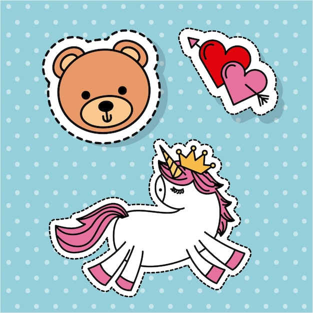 Vector cute fantasy unicorn bear love heart sticker