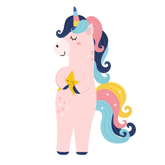 Cute fantasy unicorn holding a star Magic horse character print Sweet dreams vector illustration