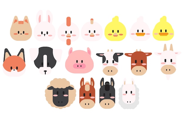 Vector cute farm animal head icon set with white background