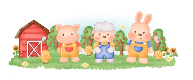 Cute farm animal with rabbit , sheep and pig  cartoon.