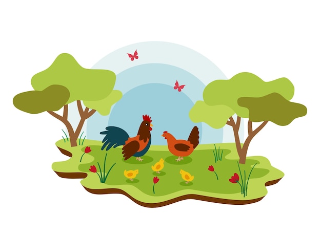 Cute farm animals chickens with spring landscape. vector cartoon illustration EPS 10