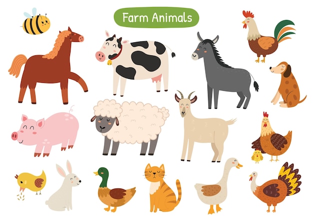 벡터 돼지, 소, 말, 양, 염소 및 기타 캐릭터가 있는 귀여운 농장 동물 컬렉션