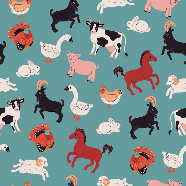 Cute farm animals seamless pattern Vector graphics