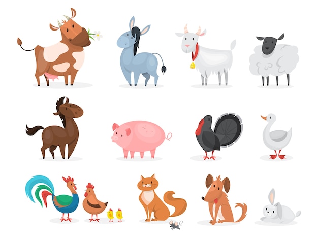 Cute farm animals set. goat, cow, ship