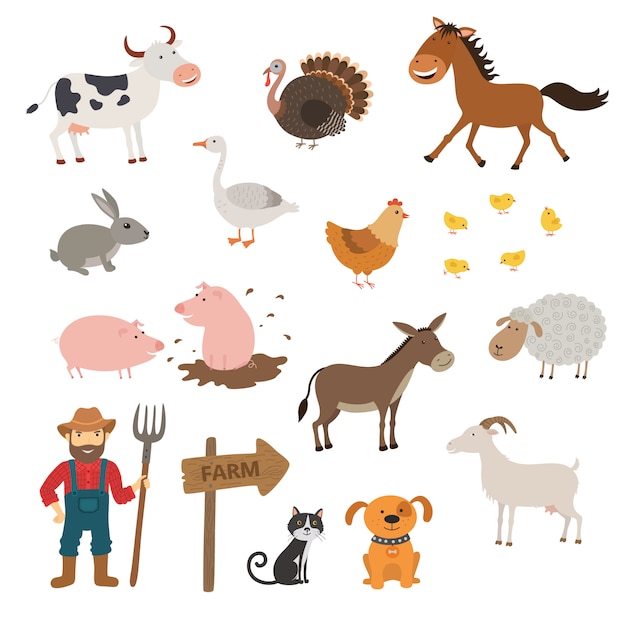 Vector cute farm animals set