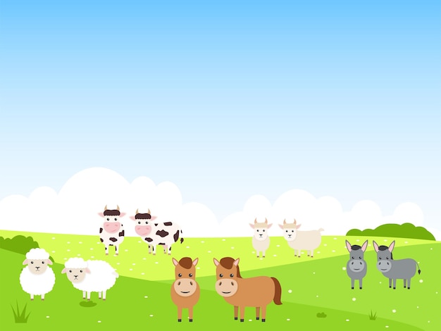 Cute farm animals on summer landscape background.