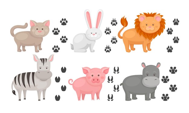 Vector cute farm and wild animals and their paw fingerprints collection cat hare lion zebra pig hippo vector illustration on white background