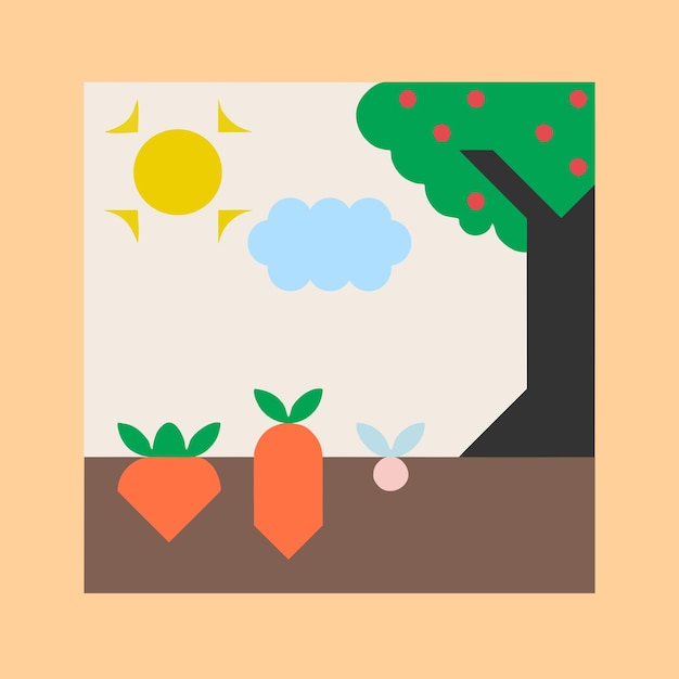 A cute farm with vegetables and a shady tree
