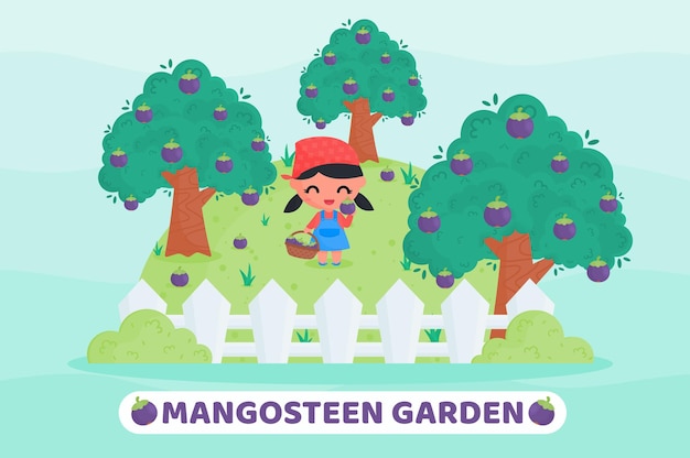 Simpatico contadino che raccoglie frutta nell'illustrazione del fumetto del giardino di mangostano