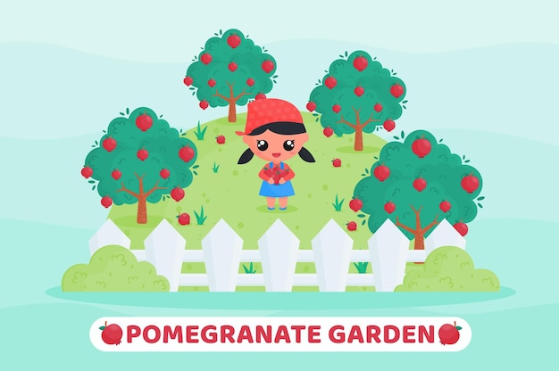 Cute farmer harvesting fruit in the pomegranate garden cartoon illustration