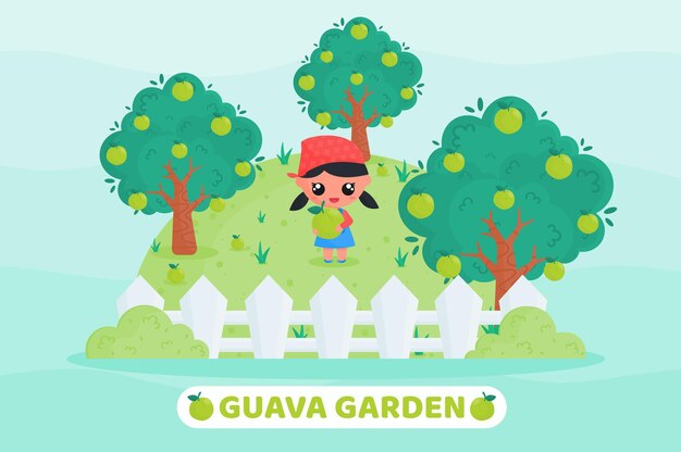 cute farmer harvesting guava in the garden cartoon illustration