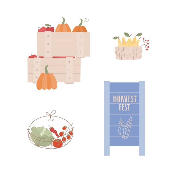 Cute farmer market vector illustrations set Baskets boxes with harvest fruits vegetables for selling Create your poster banner