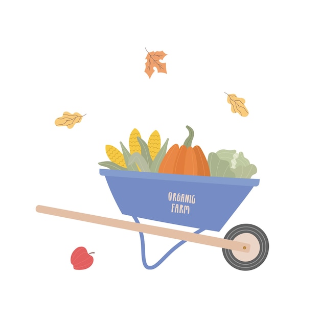 Cute farmer market vector illustrations set Baskets boxes with harvest fruits vegetables for selling Create your poster banner