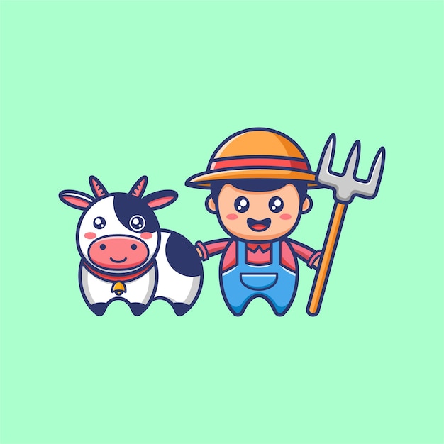 Cute farmer with rake and farmer suit standing with a cute cow funny cartoon design