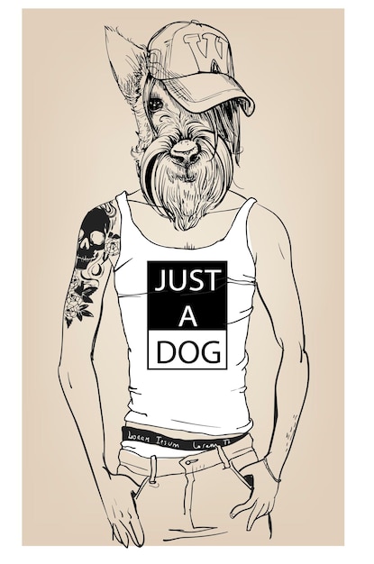 Cute fashion hipster dog with tattoo. vector illustration